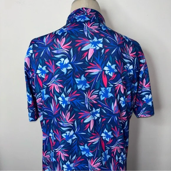 Scales Polo Shirt Mens M Blue Pink Floral Performance Stretch Golf Activewear - Picture 5 of 12